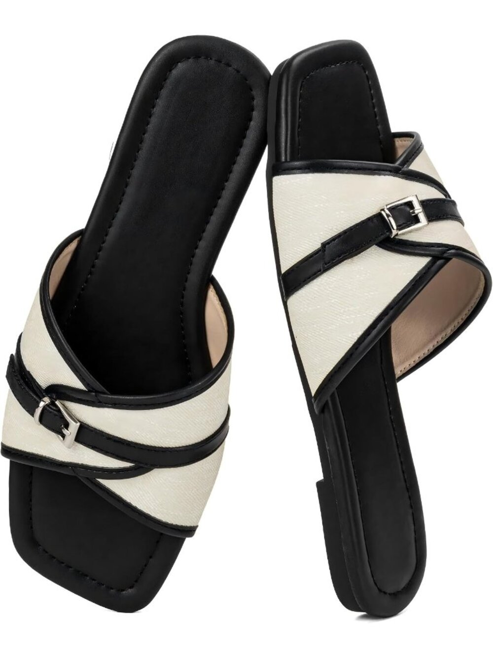 Women's Black Wide Width Sandals Flat Casual Woven Open Square Toe Comfortable
